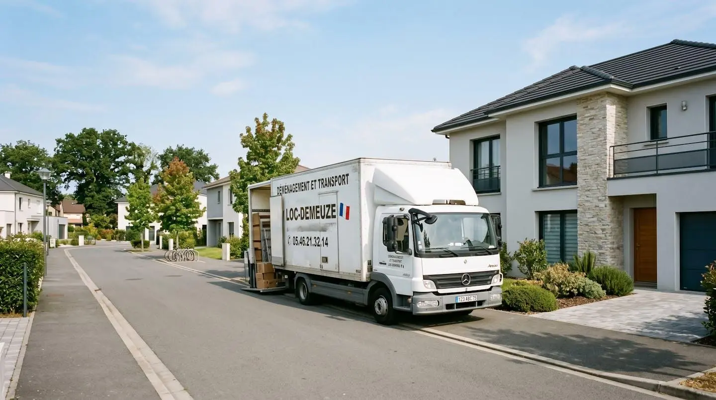 Camion de déménagement moderne stationné devant une maison résidentielle française contemporaine avec tuiles et crépi en plein jour