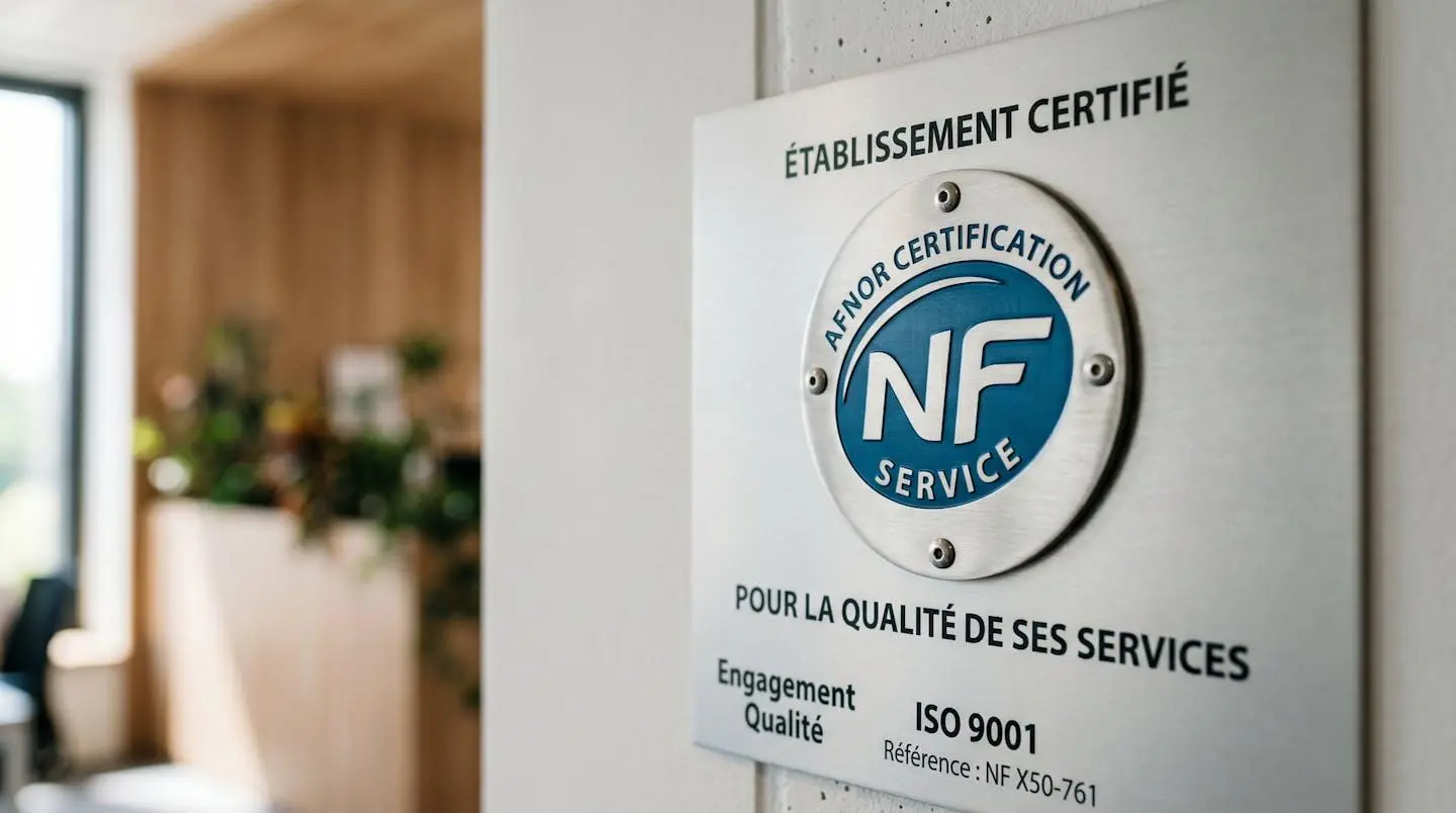 Gros plan macro sur le logo de certification NF Service visible sur un document officiel avec arrière-plan flouté