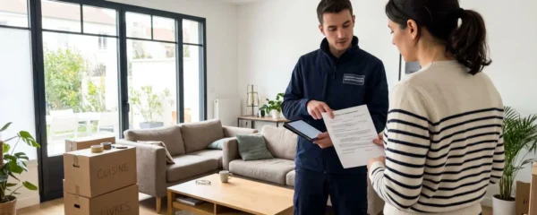Un déménageur en uniforme professionnel montre un document contractuel à un client dans un salon lumineux avec grandes fenêtres