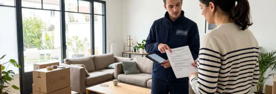 Un déménageur en uniforme professionnel montre un document contractuel à un client dans un salon lumineux avec grandes fenêtres